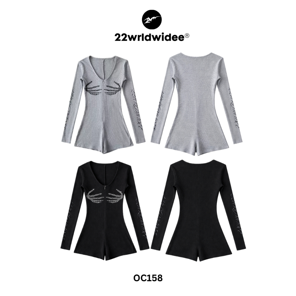 (🔥จัดส่งด่วน 1 วัน!) 22wrldwidee Skeleton Embrace body Suit เสื้อบอดี้สูท ดีเทลเพชร มือกระดูกเริ่ดๆ (OC158)