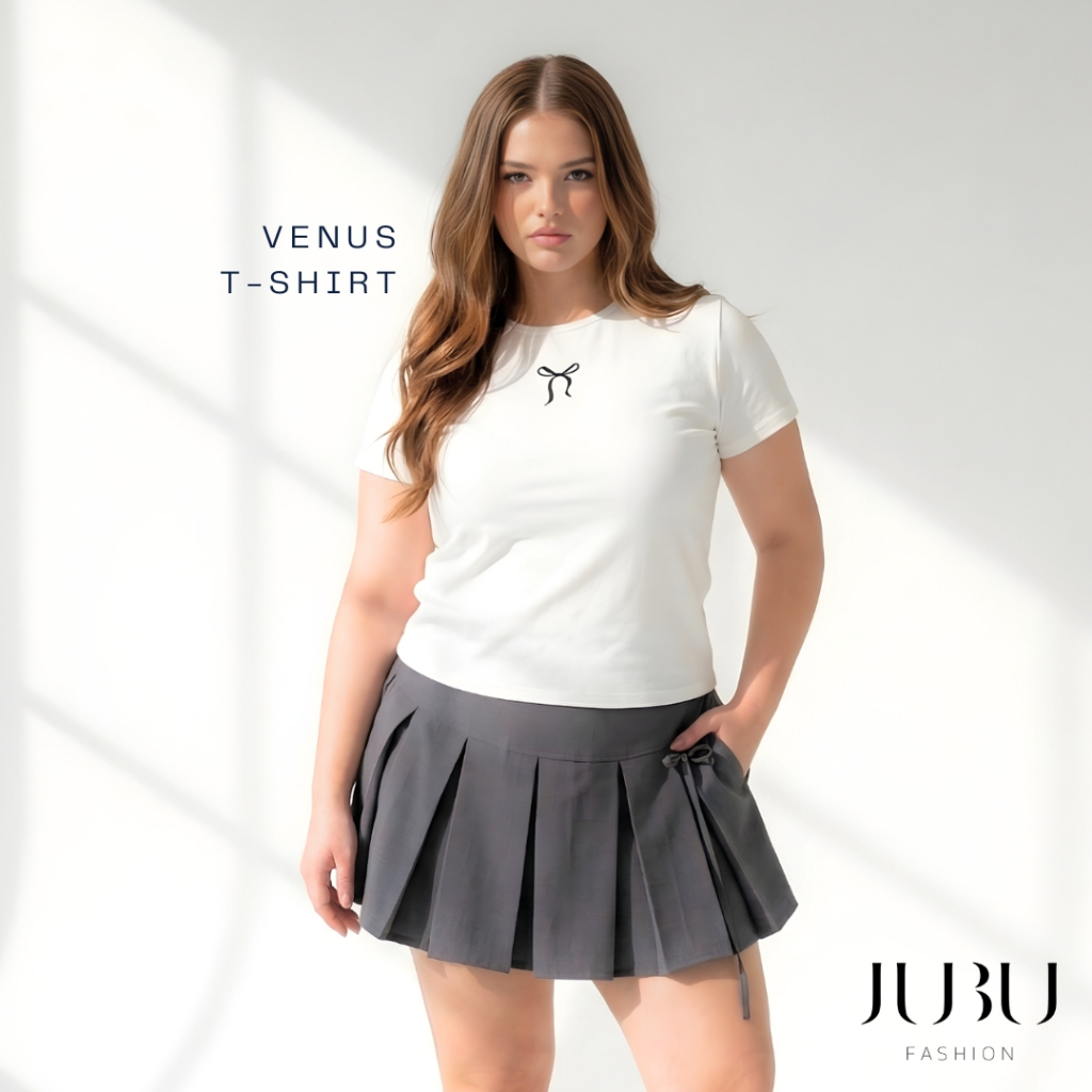 JUBUFASHION เสื้อยืดคอกลมสาวอวบ ปักโบว์น่ารักๆ ผ้าบรัชชิ่ง อก36-48นิ้ว เสื้อคอกลม #569