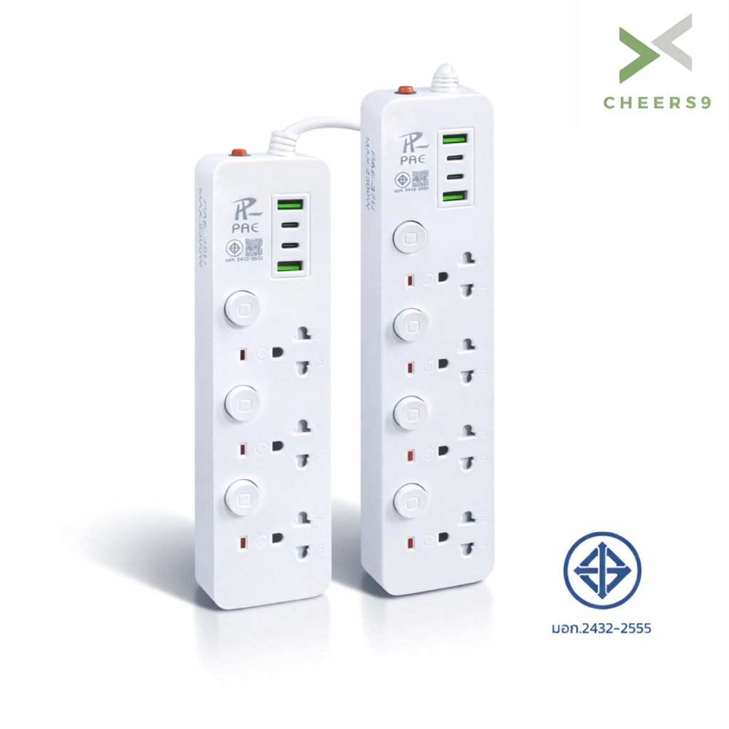 Cheers9 ปลั๊กไฟ ปลั๊กสามตา power socket มีช่อง USB และ Type-C ตัดไฟได้ 3 เมตร 5 เมตร 10 เมตร
