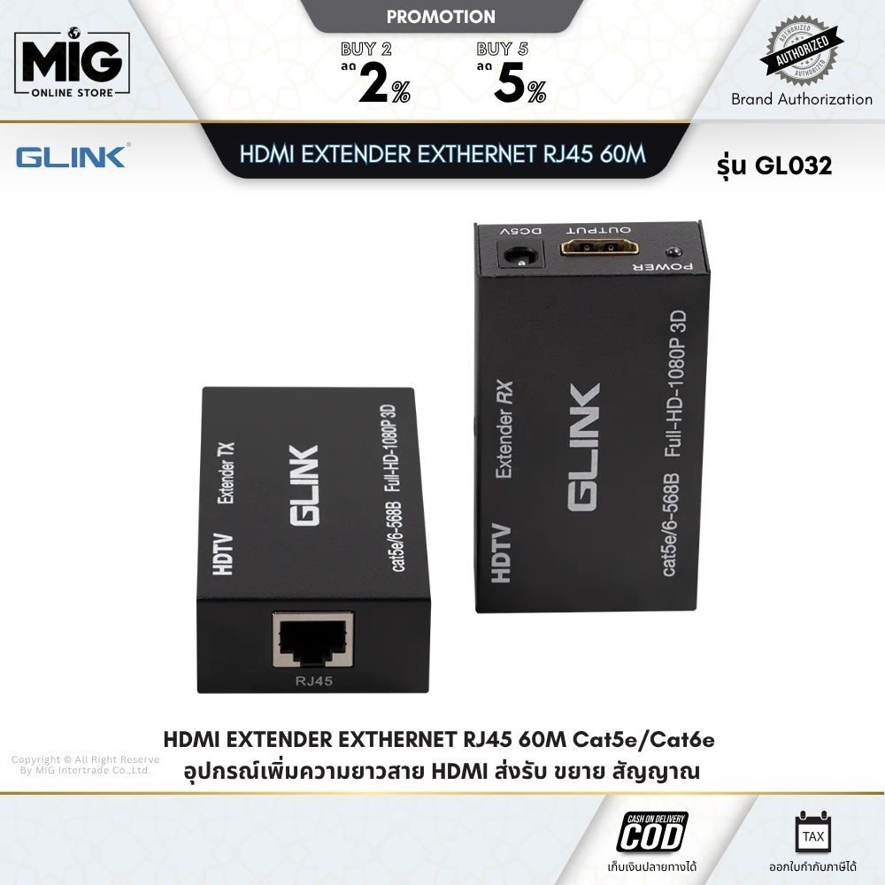 GLINK รุ่น GL-032 กล่องขยายสัญญาณ HDMI EXTENDER EXTHERNET RJ45 60M Cat5e/Cat6e รับประกัน 1 ปี