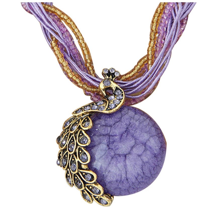 Bohemian Style Vintage Heiress Peacock Multi-Layer Short Necklace Imitation Stone Pendant Necklace W