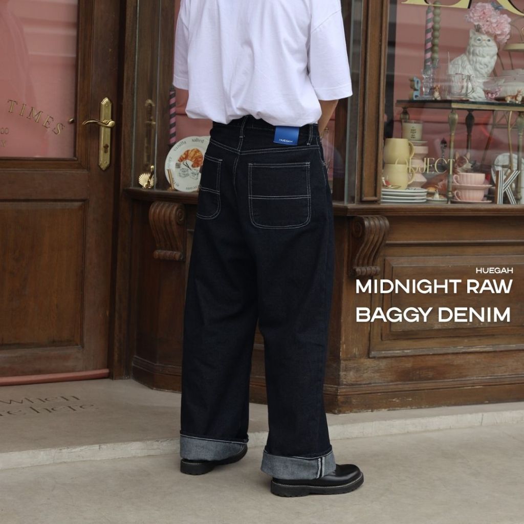 📍พร้อมส่ง 👈(XS-13XL) HUEGAH Midnight RAW Baggy Denim กางเกงยีนส์ขากระบอกยีนส์ไม่ฟอก