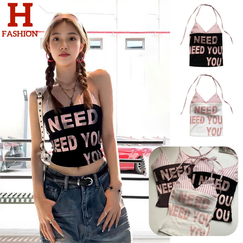 i need you* HOT พร้อมส่ง เสื้อเกาะ + บราคล้งคอ สีพื้น สกรีนตัวอักษร มีฟองน้ำ FY5535