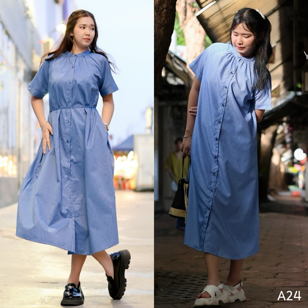 Dress A024 เดรสยาว ชุดกระโปรง คอจีน ลายริ้ว สไตล์ญี่ปุ่น มินิมอล ลายสก๊อต ทรงเอ