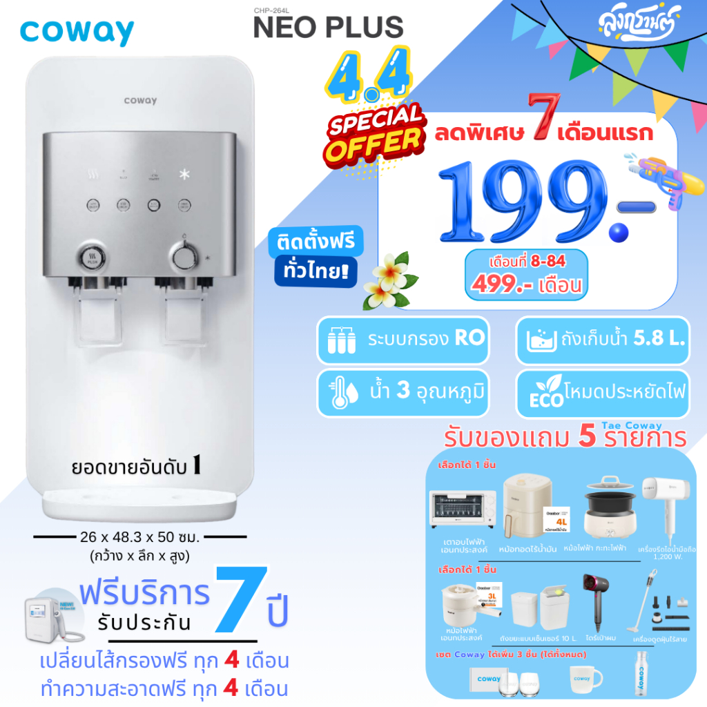 [ทักแชทก่อนสั่งซื้อ] (ลดพิเศษ 7 เดือนแรก)เครื่องกรองน้ำ Coway รุ่น NEO PLUS (ราคารายเดือน)