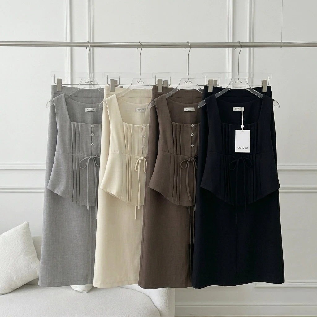 (preorder)conycolours | Ari Long-skirt set เซตเสื้อแขนกุดแต่งจีบ + กระโปรงยาว