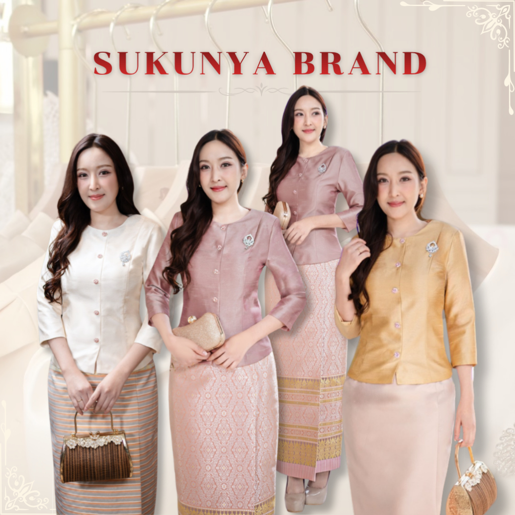 Sukunya 6430 : งานเสื้อผ้าไหมตะวันเส้นขีด คอกลม แต่งกระดุมหลอก แขนทรงกระบอก