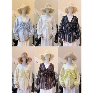 Sunshine Blouse เสื้อคอวีแขนยาวตัวยาว เสื้อคอวีแขนสั้นแต่งจีบอกผูกโบว์ที่อก ลายดอกไม้ น่ารัก เกาหลี สาวอวบ Sheeny (S051)