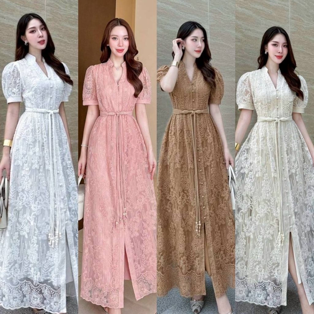 LA LA BELLE แม็กซี่เดรสลูกไม้ปักทั้งชุด2ชิ้นเดรสคอตั้งกระดุมหน้ายาวมาพร้อมซืปหลังแขนตุ๊กตาซีทูเอวเข้ารูปกระโปรงยาว