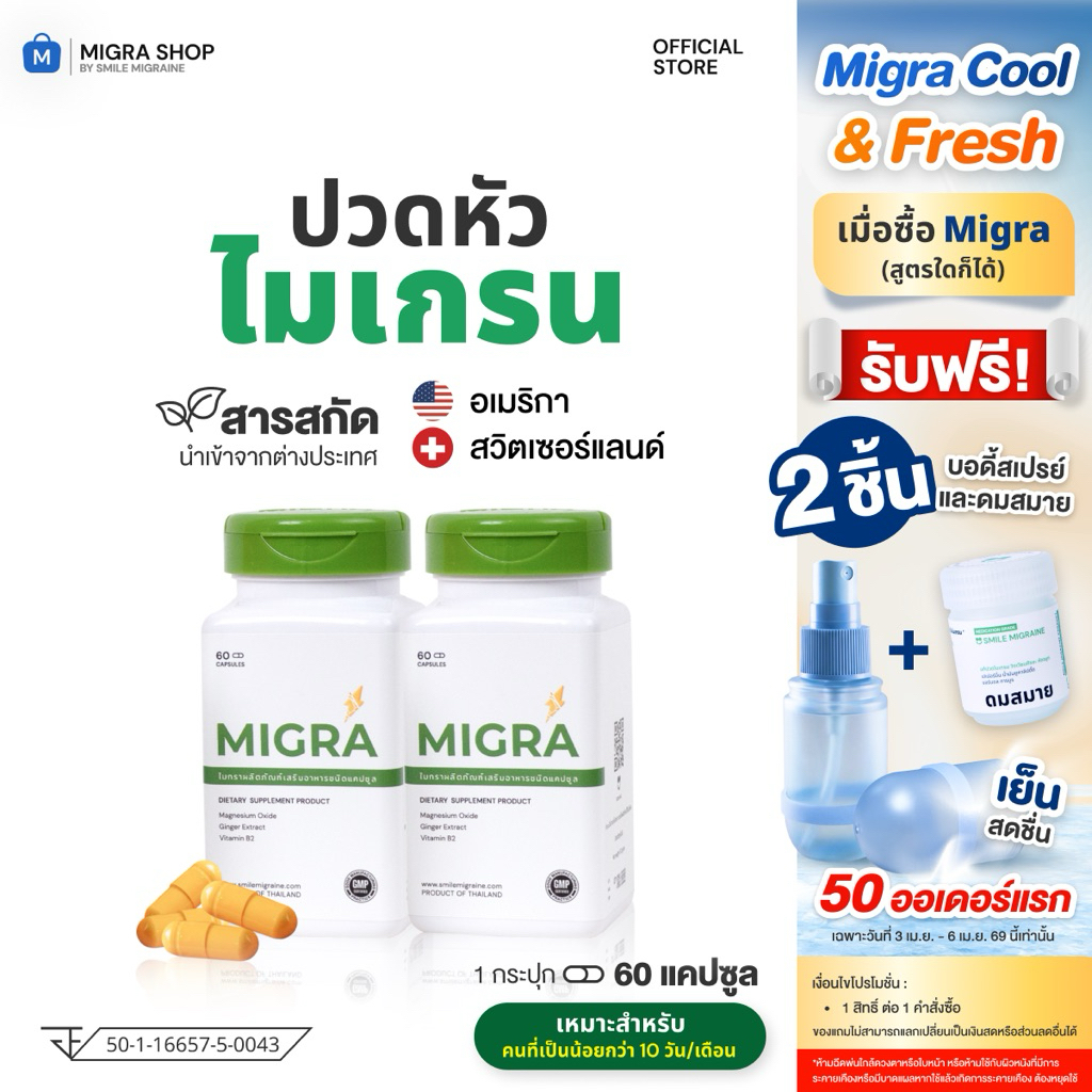 [แพ็คคู่ 2 กระปุก] Migra วิตามินสำหรับชาวไมเกรน ที่เป็นไม่เกิน 10 วันต่อเดือน