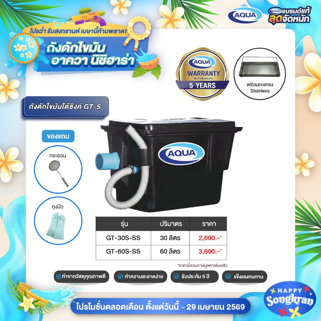 ถังดักไขมัน รุ่น GT สำหรับติดตั้งใต้ซิ้งค์ (Black) (ปริมาตร 30,60 ลิตร) ตะแกรงสแตนเลส