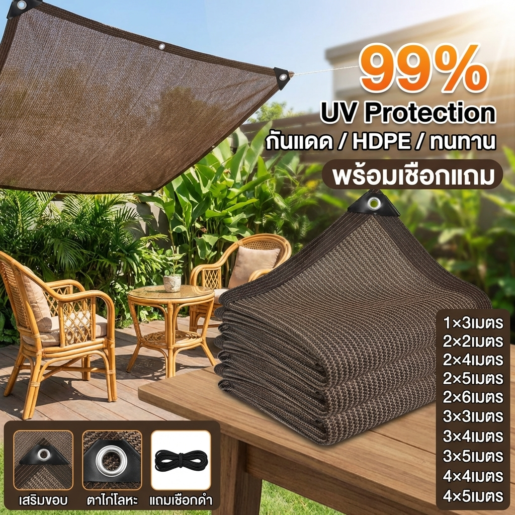 ตาข่ายกันแดด 99% สีดำ/น้ำตาล ผ้ากรองแสง HDPE ทนทาน พร้อมเชือก ขนาด 1×3–4×5 เมตร ใช้ได้ทั้งบ้าน สวน และคาร์พอร์ต