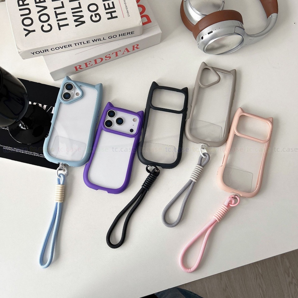 หูแมวสไตล์การ์ตูน เคสโทรศัพท์ For iPhone 17 Pro Max เคสใสพร้อมสายคล้องสำหรับ iPhone 13 14 11 15 12 16 promax XR X XSmax