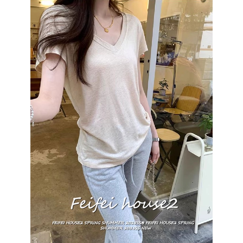[Casual pleated V-neck T-shirt]เสื้อยืดแขนสั้นผู้หญิงฤดูร้อนกลางแจ้งสไตล์ลำลองริ้วพับเข้ากับทุกชุด