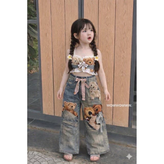 พร้อมส่งจากไทย🖤ชุดเซทเด็กน้องหมีทั้งชุดผ้ายีนส์ ลูกสาวสไตล์ชิคชิค