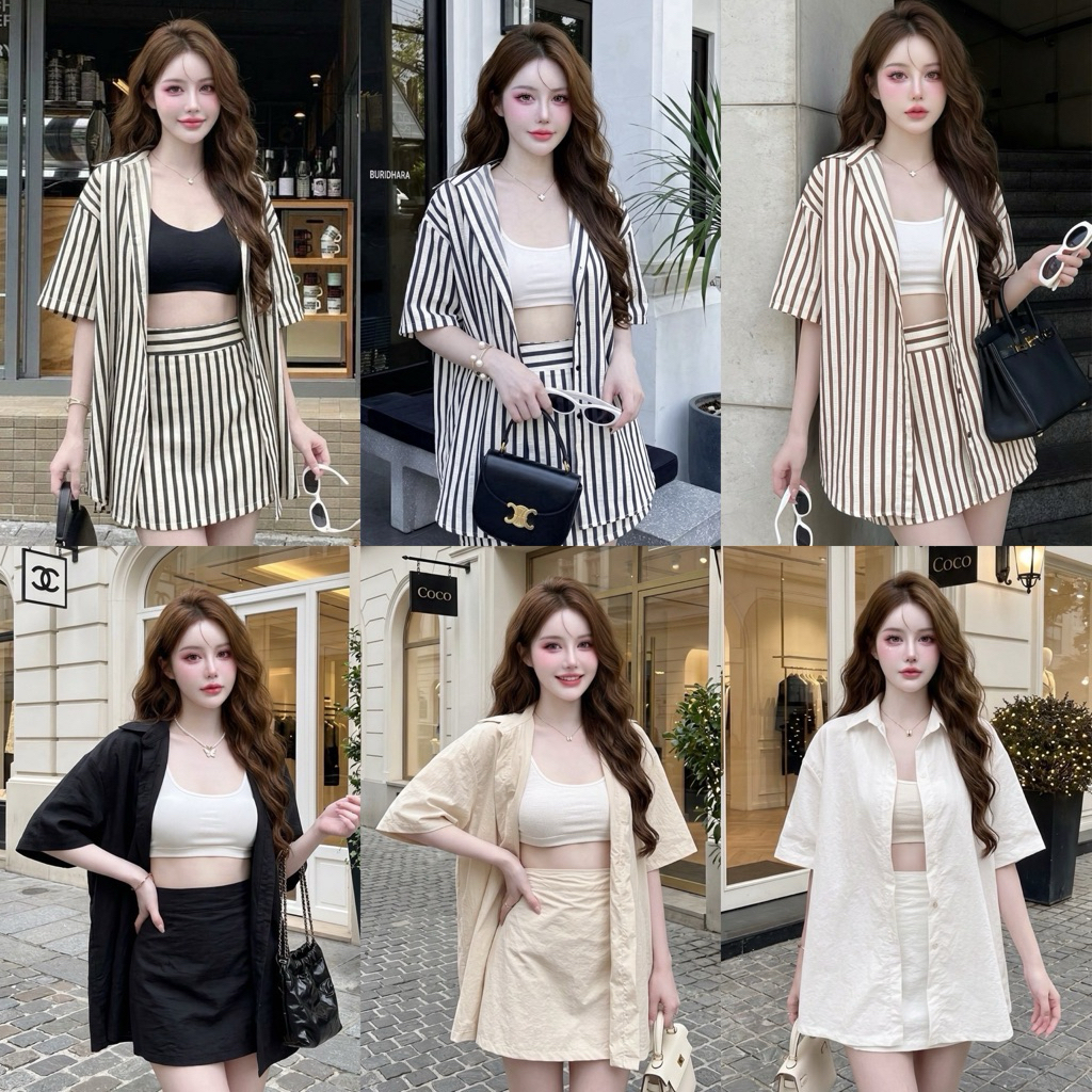 Teera❤️พร้อมส่ง✨🍒 FEELING STRIP SET 2ชิ้น🍷เสื้อเชิ๊ตโอเวอร์ไซค์+กระโปรงกางเกง🩷ชุดเดียวจบ ลุคCeo ท่านหนึ่ง sheeny ivy set