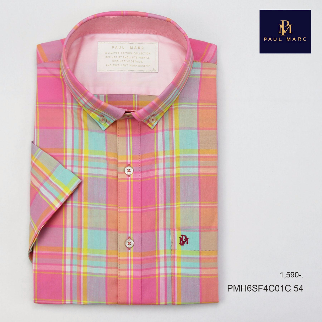 PAUL MARC เสื้อเชิ๊ตแขนสั้นลายเช็ค สก็อต ตาราง สีชมพู ปกติดกระดุม งานแต่งงาน นุ่มใส่สบาย PMH6SF4C01C
