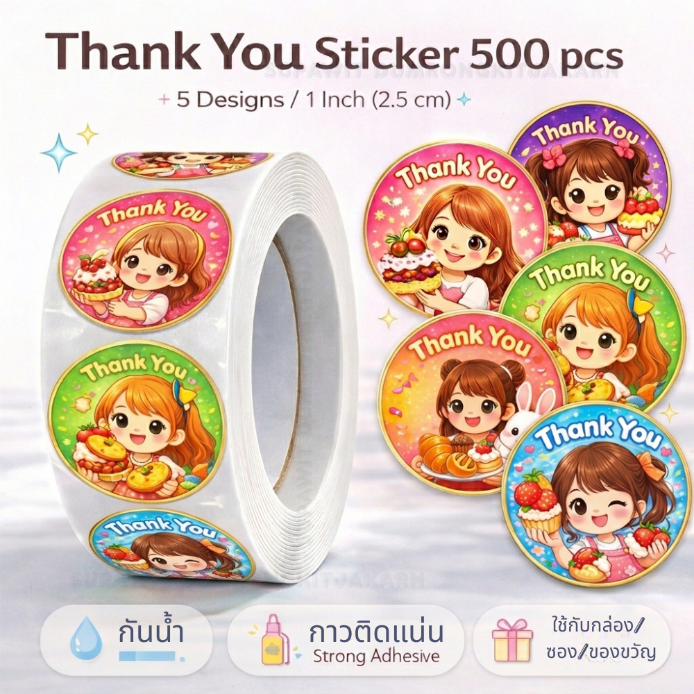 Thank You Sticker 500 ดวง | สติ๊กเกอร์ขอบคุณ 1 นิ้ว ลายน่ารัก 5 แบบ กาวแน่น ติดกล่องพัสดุ