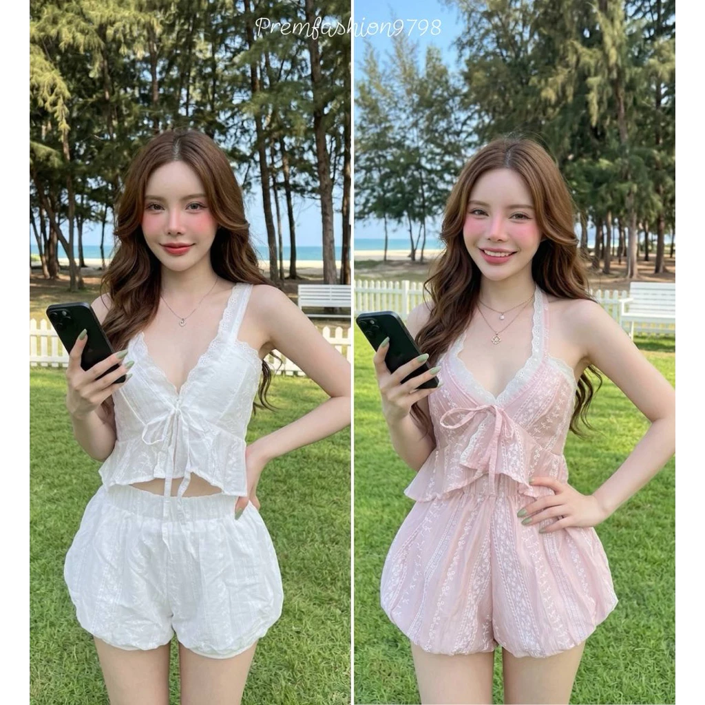 @PReM ชุดเซทผ้าโรซี่งานลุคคุณหนูแต่งอะไหล่ลูกไม้กางเกงบอลลูนทรงน่ารัก