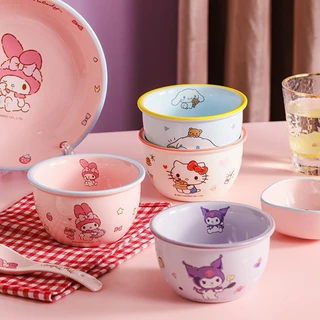 【ของแท้】Sanrio เครื่องเซรามิก จาน / ชาม / ถ้วย / ตะเกียบ / ช้อน Kuromi Hello Kitty My Melody Cinnamoroll ชุดจานชามน่ารัก