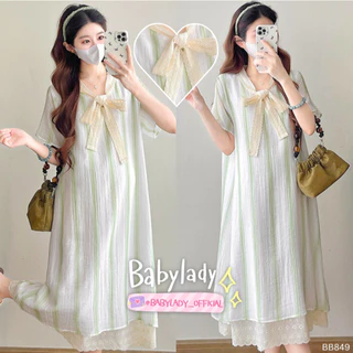 [BB 849] ชุดคลุมท้อง | BABYLADY ♡ - ผ้าคอตตอนพิมพ์ลาย ลูกไม้คอผูกโบว์ ชายลูกไม้ มีซับใน