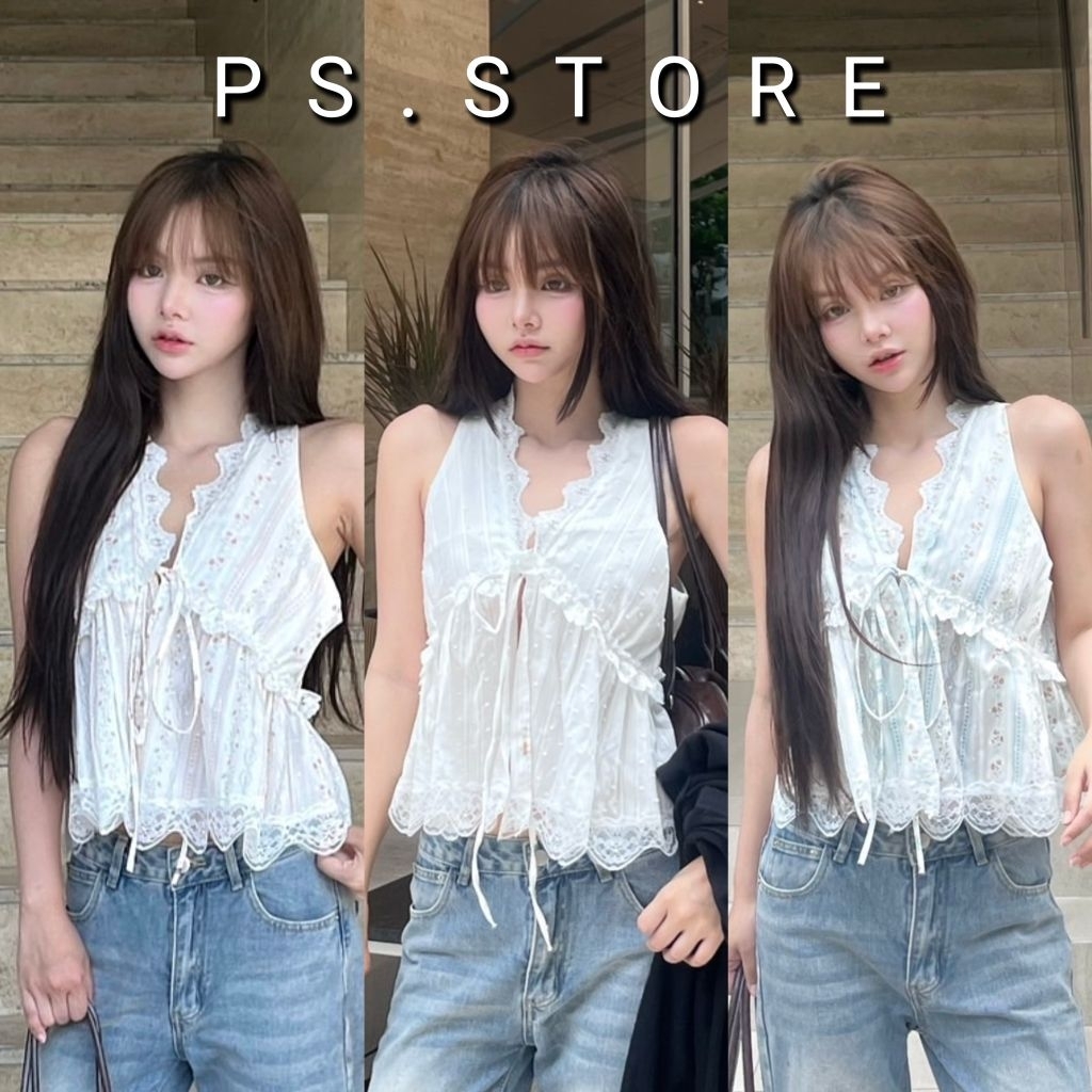 Zinny : เสื้อแขนกุดผูกโบว์ด้านหน้า แต่งขอบระบายลูกไม้ (ผ้าบางนะคะ)