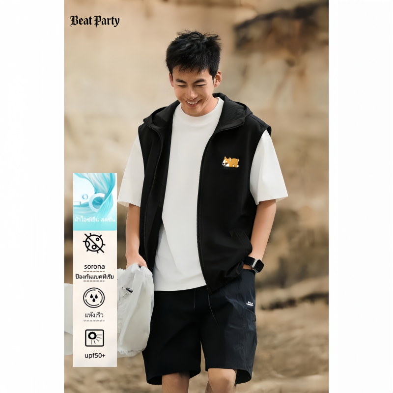 เสื้อกั๊กผู้ชายมีฮู้ด สำหรับกิจกรรมกลางแจ้ง สไตล์เรียบง่าย ทรงหลวม[ส่งถึงภายในวันถัดไป]