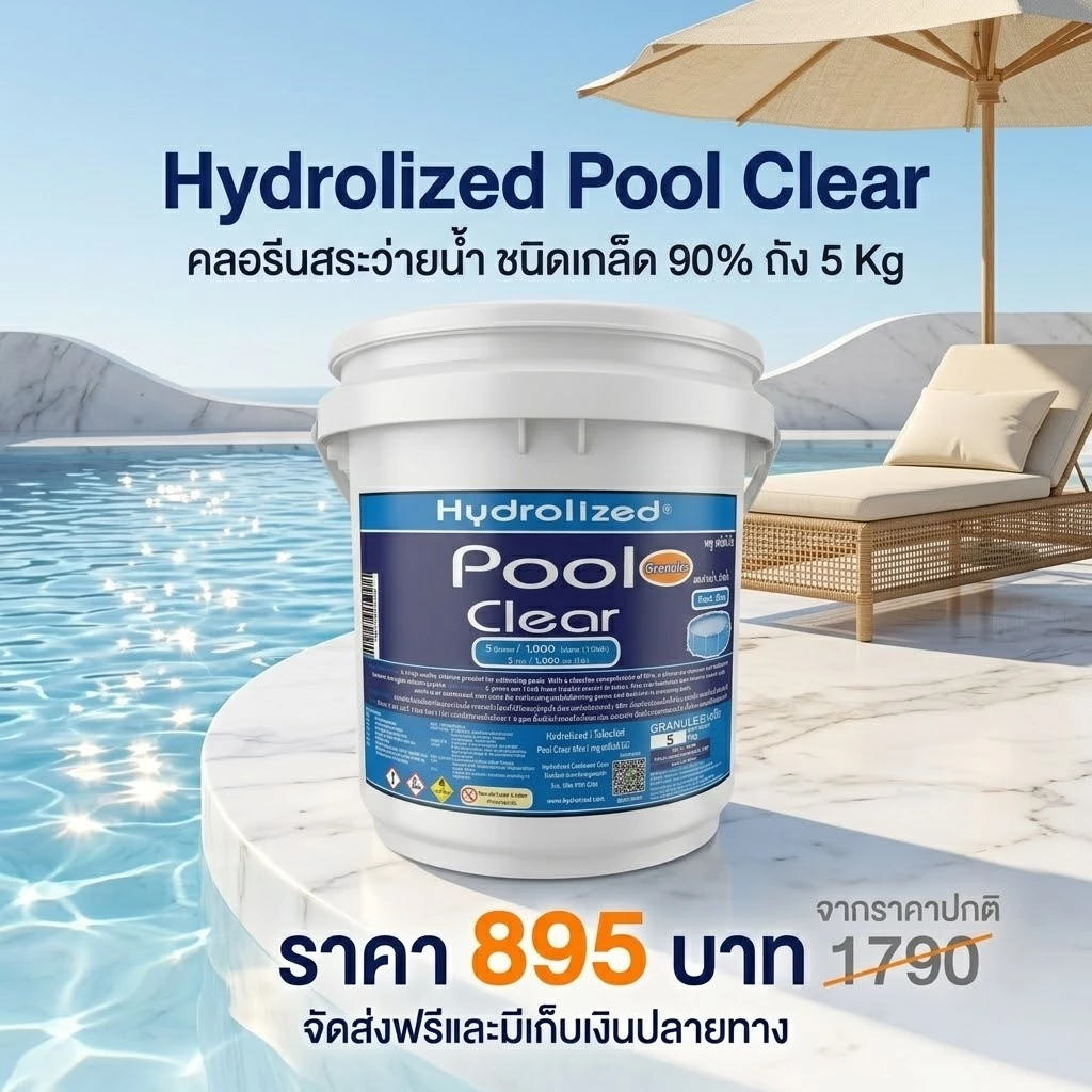 คลอรีนสระว่ายน้ำชนิดเกล็ด 90% ถัง 5 Kg ฆ่าเชื้อแบคทีเรีย ลดกลิ่นเหม็น แก้น้ำเขียว ปรับค่าคลอรีน สำหรับสระว่ายน้ำทุกระบบ