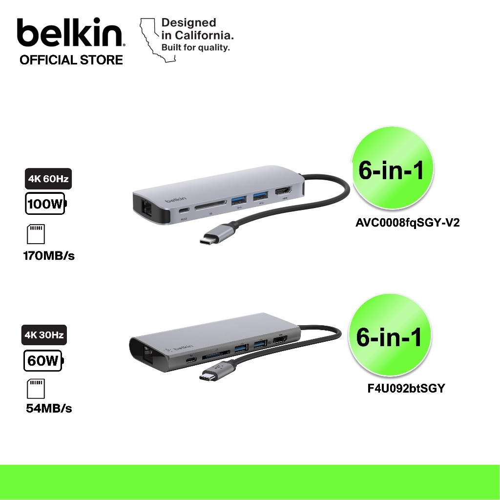 Belkin AVC008/F4U092 ฮับมัลติพอร์ต 6-in-1 รองรับสัญญาณภาพ 4K รองรับ Windows, Mac, iPad, Samsung