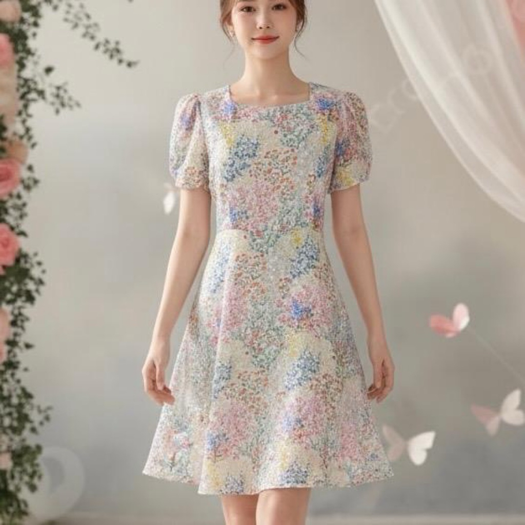S702 เดรสสั้นชีฟองไดฟูกุลายดอกไม้ คออหัวใจแขนซ้อน กลีบกุหลาบ กป ทรงเอปล่อยๆ มีโบว์เอวผูกเข้ารูปสวยๆเหมาะกับการใส่ออกงาน