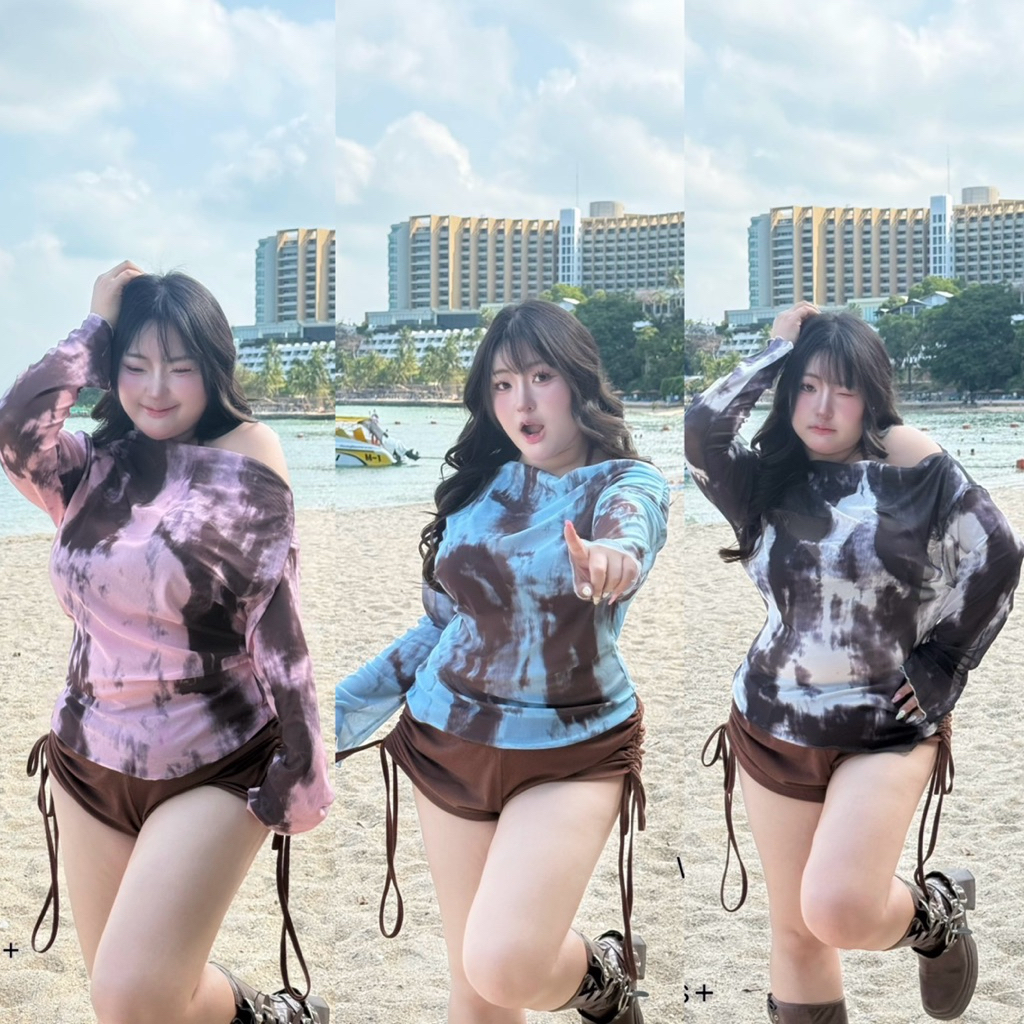 Mable set🤎💦🔫 เซต3ชิ้น บรา+กางเกงขาสั้นรูดข้าง+เสื้อซีทรูแขนยาว ลายมัดย้อม สวย โซ๊ะ ปึ้ง คุ้ม ไซส์ใหญ่ พลัสไซส์