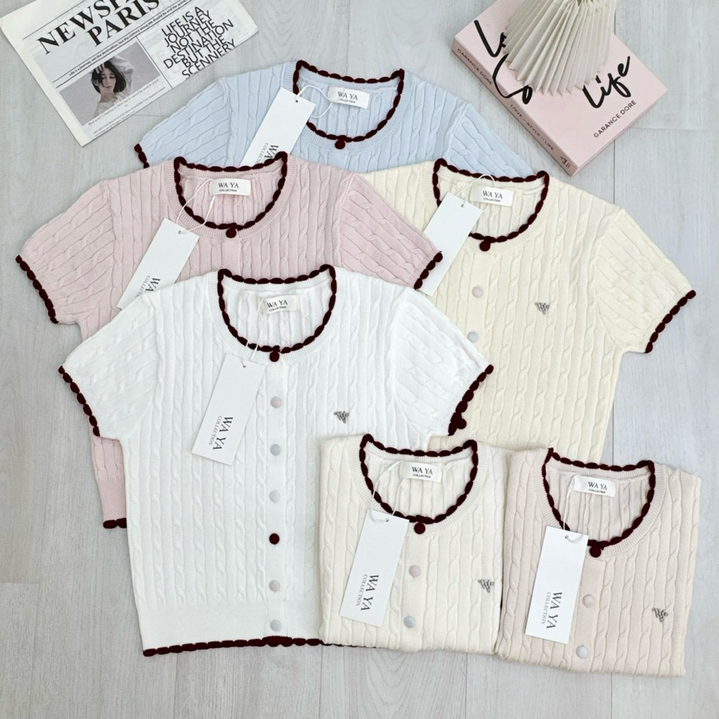 เสื้อไหมพรมแขนสั้น กระดุมสลับสีป้าย waya