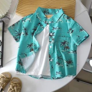 เสื้อวันสงกรานต์เด็ก เสื้อเชิ้ตลำลองเด็ก สไตล์ทะเล มีกระเป๋าที่อก ผ้าดี ใส่สบาย เด็กโตใส่ได้