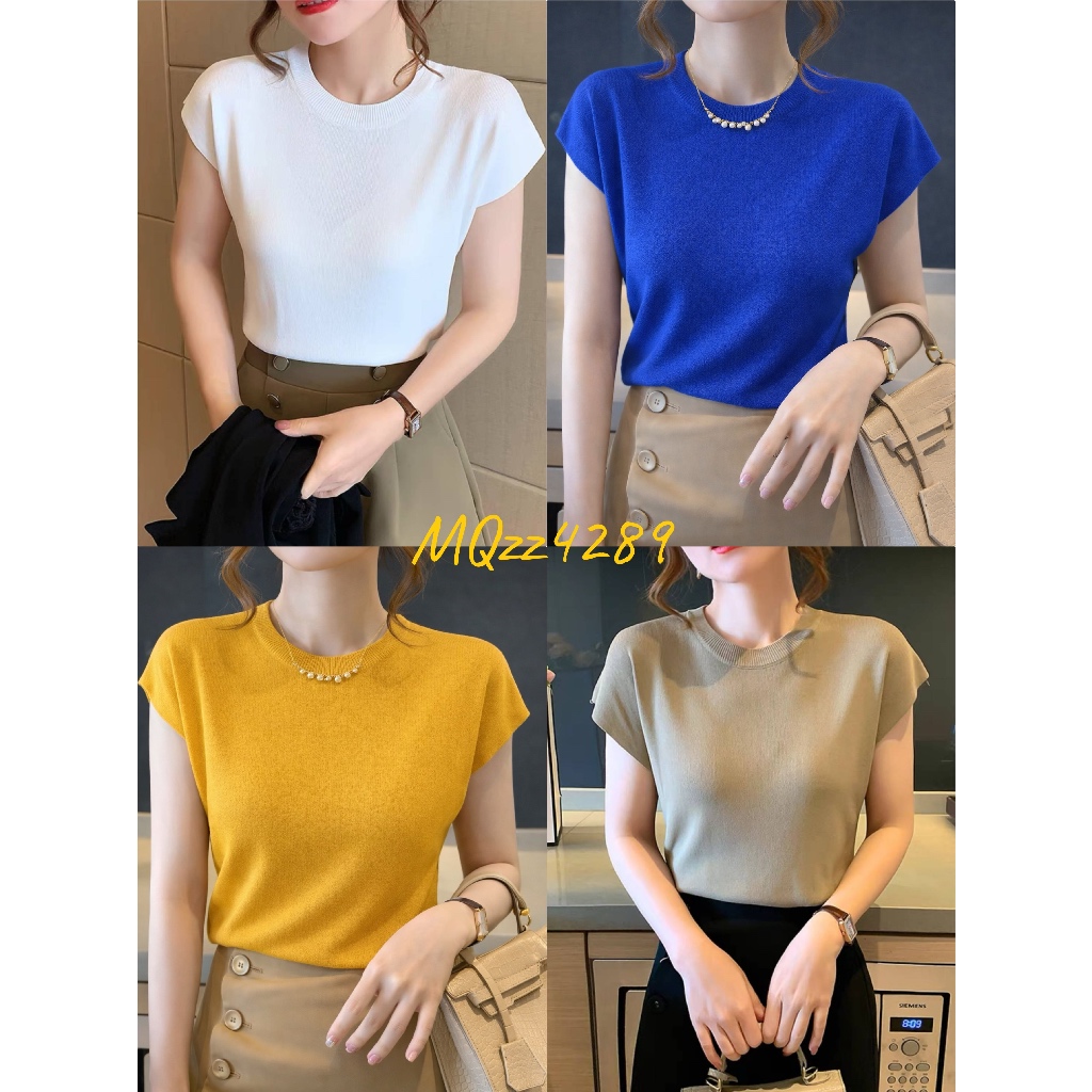 MQzz4289 *พร้อมส่ง*  เสื้อทำงานแขนสั้นแบบใหม่  คอกลม ผ้าไหมพรม  นุ่มนิ่ม ใส่สบาย ยืดได้เยอะ  Free Size