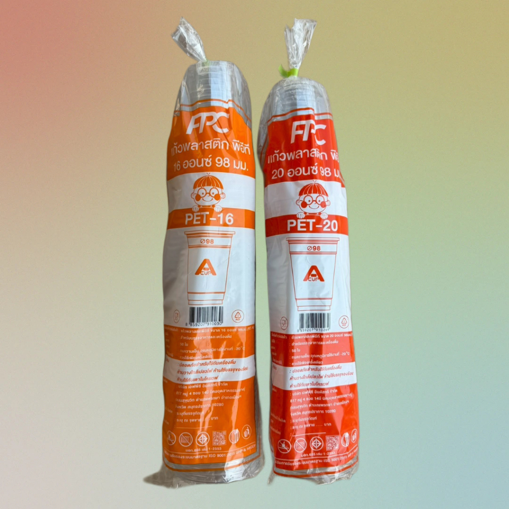 แก้ว PET ขนาด 16 oz (PET-16) และ 20 oz (PET-20) ปากกว้าง 98 mm. หนากลาง  ยี่ห้อFPC แถวละ 50 ใบ