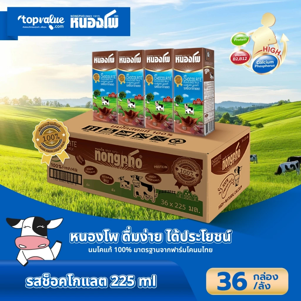 นมหนองโพ นมปรุงแต่ง นมยูเอชที 225ml (36 กล่อง/ลัง) รสช็อคโกแลต
