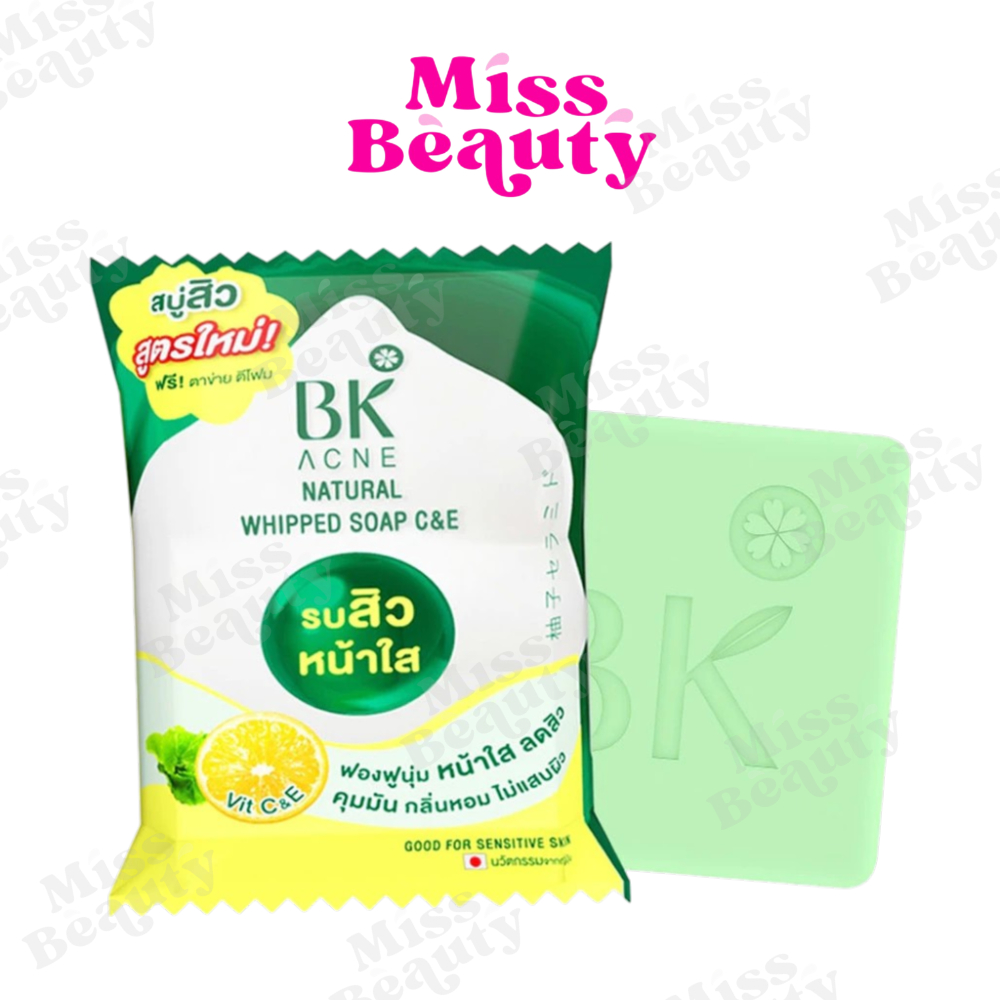 (1 ก้อน) สูตรใหม่ สบู่ บีเค แอคเน่ รบสิวหน้าใส Vit C&E BK Acne Natural Whipped Soap C&E