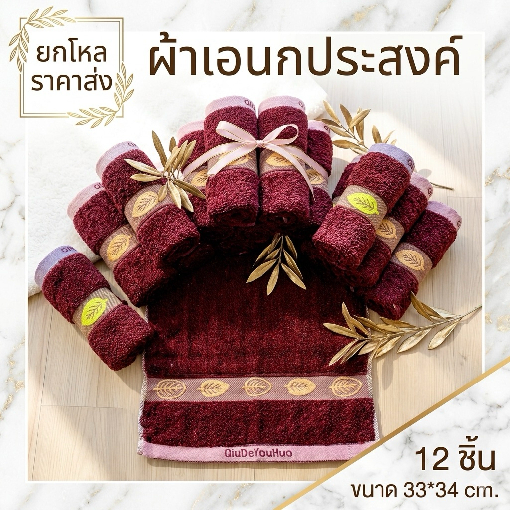 12 ผืน ผ้าเช็ดหน้า ผ้าฝ้าย ขนาด 33*34 cm.  c0804