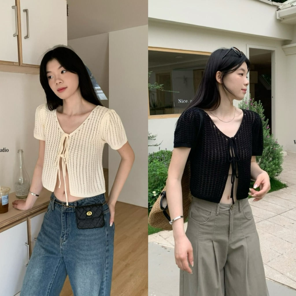 9245# เสื้อคอกลมแขนสั้น ผูกโบว์ด้านหน้า เนื้ิอผ้าดี ทรงสวย TAG:WG.WE 🇰🇷