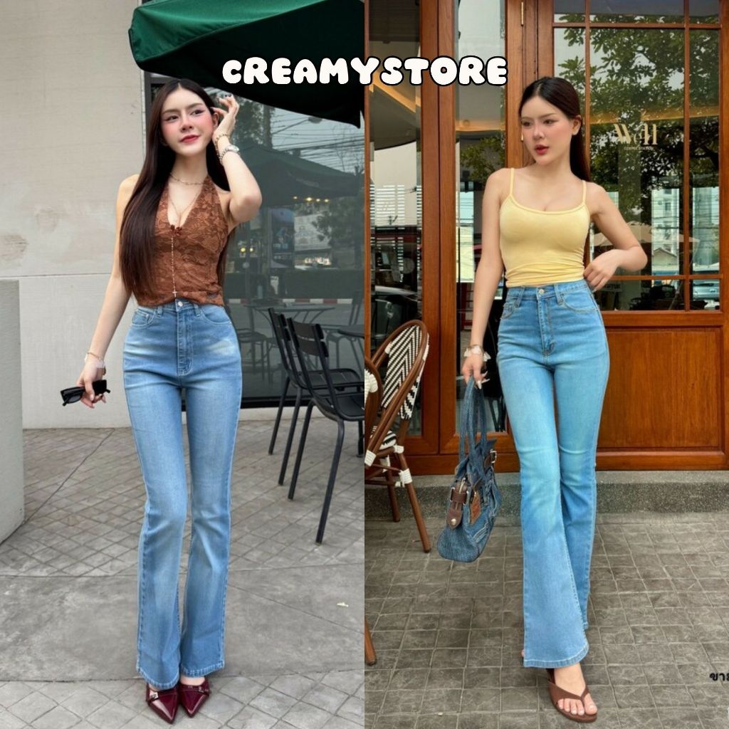CreamyStore กางเกงยีนส์ขาม้าเอวสูง โทนสีฟ้า ยีนส์ยืด ป้ายYam' jeans🍨