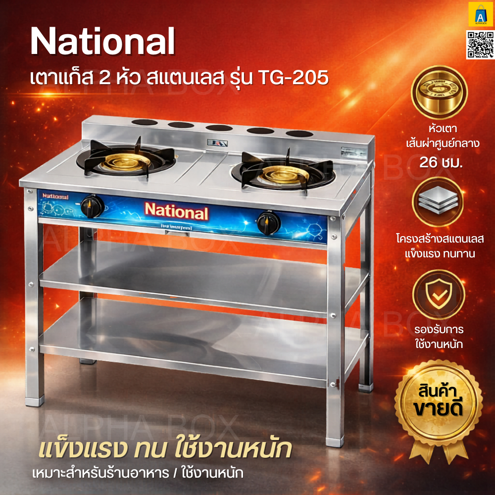 เตาแก๊ส 2 หัว National รุ่น TG-205 S สแตนเลสทั้งตัว หัวทอง ไฟแรง พร้อมชั้นวาง รองรับงานหนัก