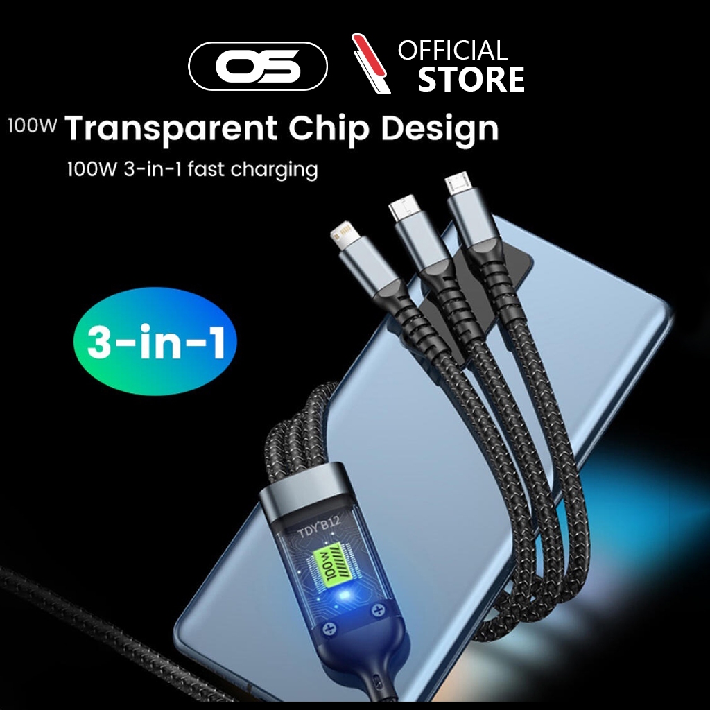 OSCROPสาย USB 3-in-1 100W ดีไซน์โปร่งใส รองรับการชาร์จเร็ว QC 3.0 สายถักไนลอนพร้อมจอแสดงผล LED ดิจิทัล ใช้งานได้กับทุกรุ ราคา ถูกที่สุด ดีลบีเคเค แกลเลอรีภาพที่ 8
