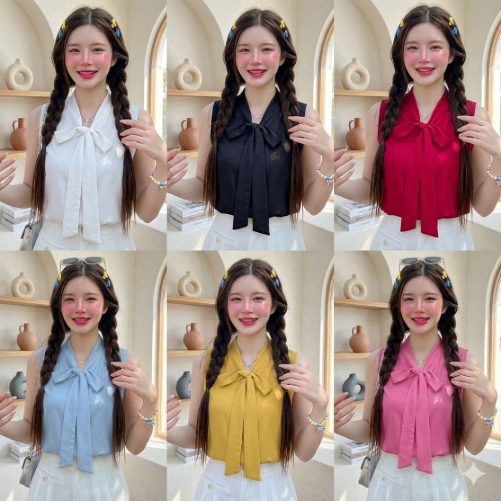 🌸เสื้อแขนกุด คอโบว์ ใส่สูททับ ใส่ทำงาน ใส่ชิลสวยใส่สบาย อก32-40”พร้อมส่งจากไทย
