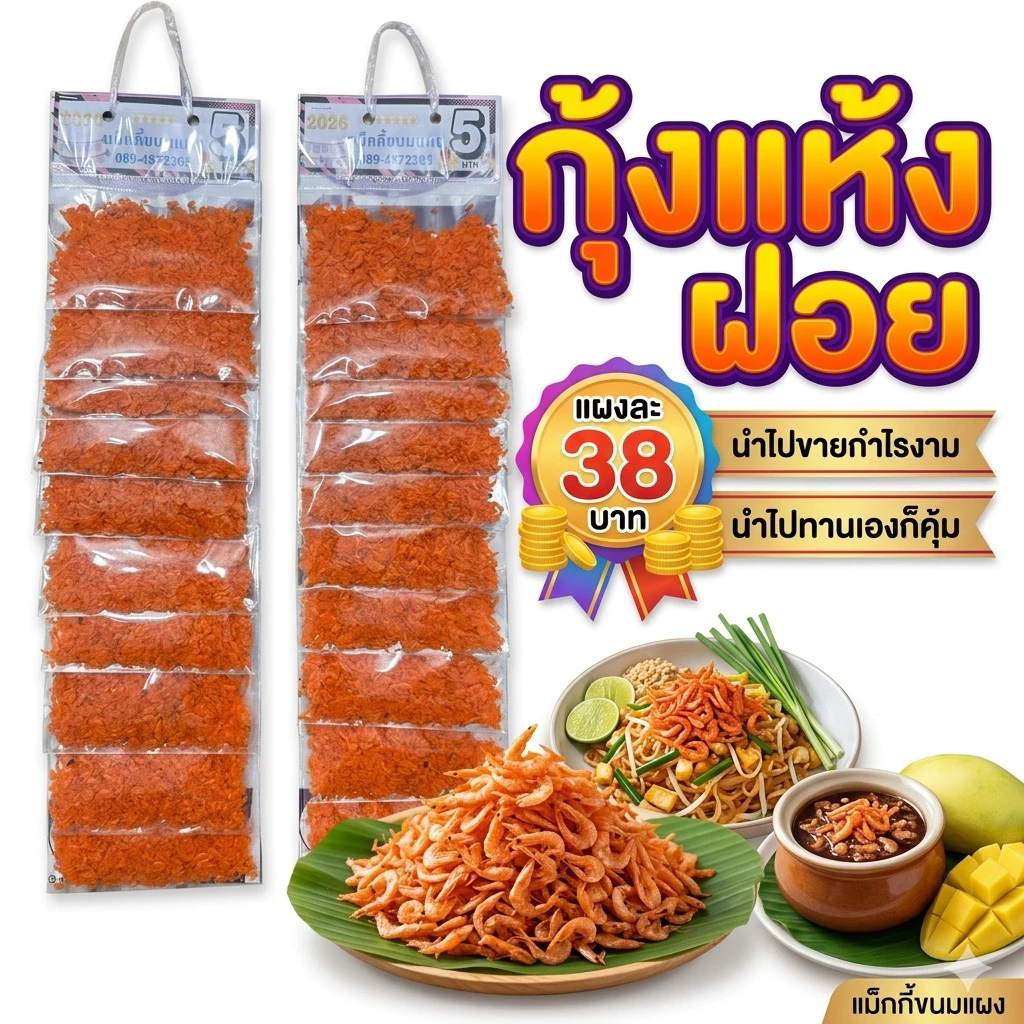 🦐 กุ้งแห้งฝอย คัดเกรด (ยกแผง 10 ห่อ) สีสวย สะอาด ตัวช่วยเพิ่มความอร่อยทุกเมนู!