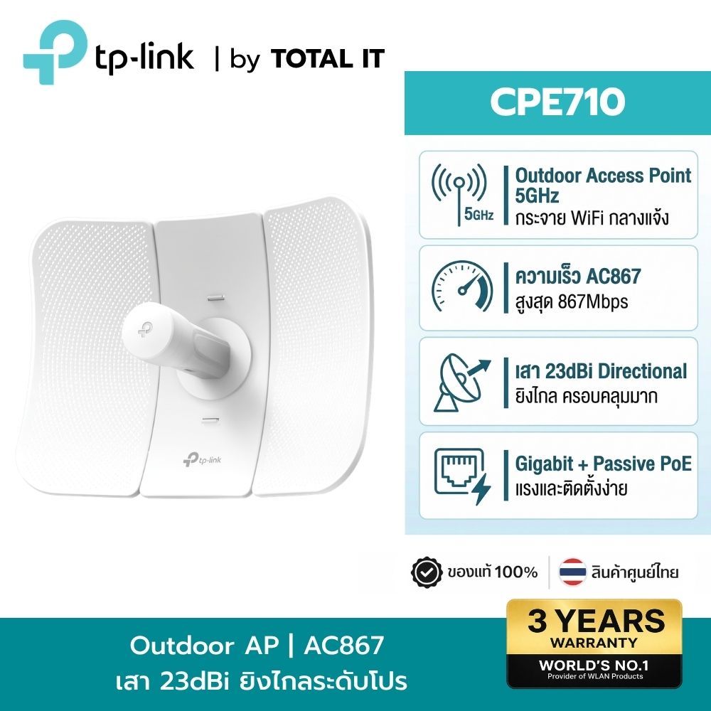 TP-Link CPE710 (1-Pack) | จานรับเน็ต Outdoor 5GHz AC867 | ดึงเน็ต WISP เสา 23dBi ประกันศูนย์