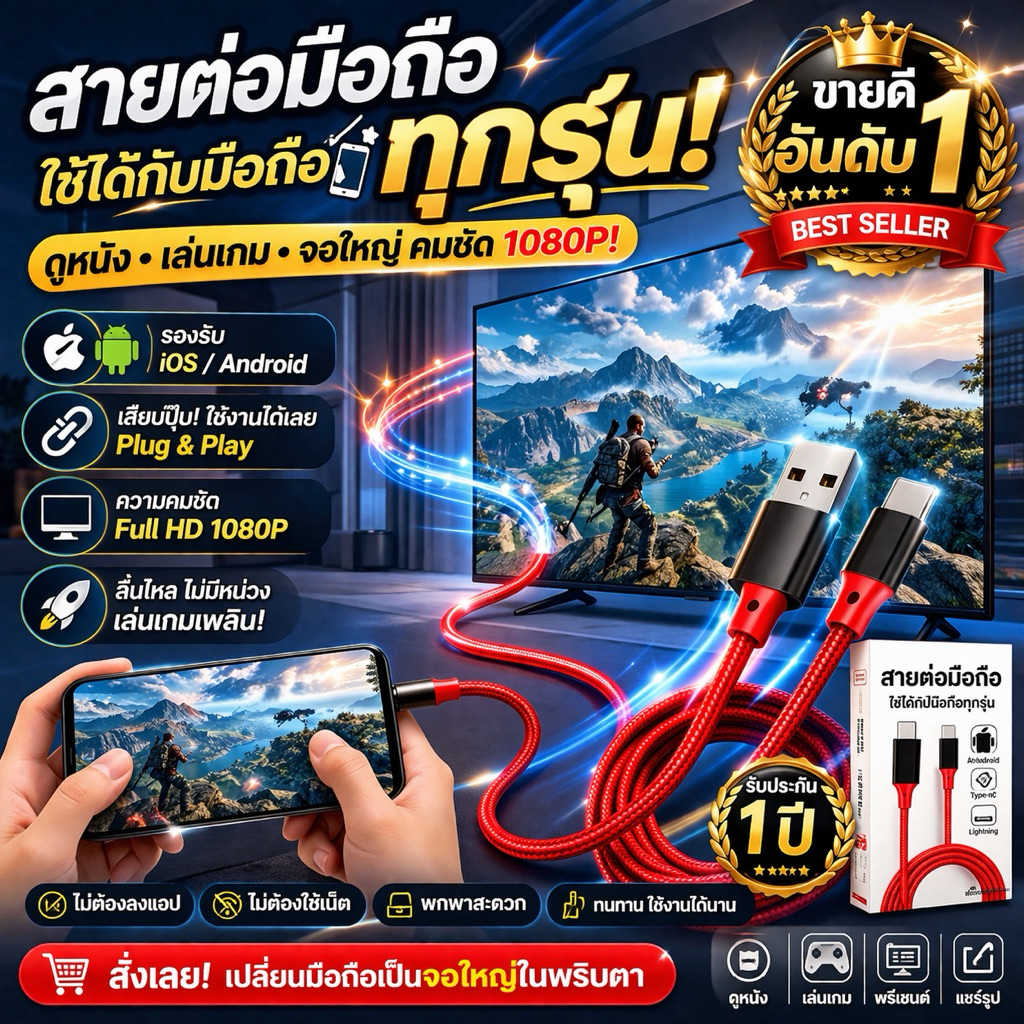 สายType-Cขึ้นทีวี สายต่อโทรศัพท์เข้าทีวี สายต่อTypeCขึ้นทีวี สายแปลงมือถือเข้าทีวี สายต่อมือถือขี้นทีวี HDTV 4Kจากมือถือ