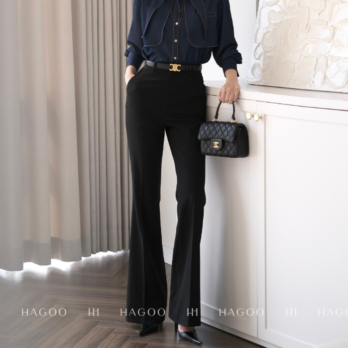 HAGOO กางเกงสแลคผู้หญิง เอวสูง ทรงขาบาน สีดำ ลุคทำงานเรียบหรู [Q371]
