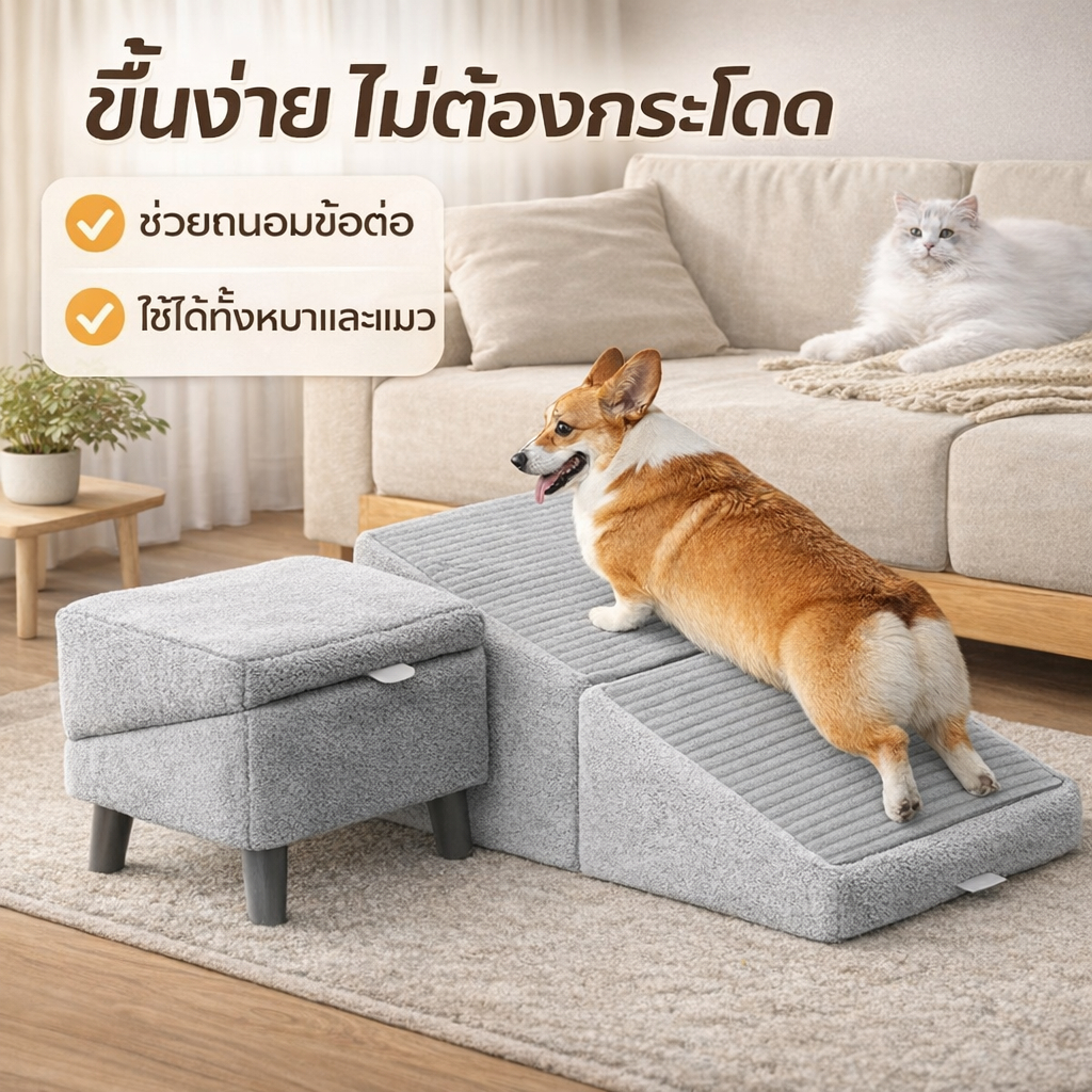 บันไดสัตว์เลี้ยง ทางขึ้นโซฟา/เตียง สำหรับหมาแมว ช่วยถนอมข้อต่อ ขึ้นง่าย ไม่ต้องกระโดด