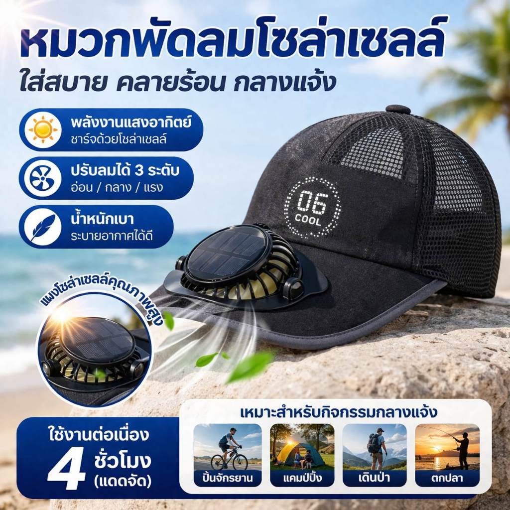 NEW หมวกพัดลมพลังงานแสงอาทิตย์ ชาร์จอุปกรณ์ด้วย USB ป้องกัน UV ตาข่าย หมวกแก๊ป เหมาะสำหรับกิจกรรมกลางแจ้งและขี่จักรยาน