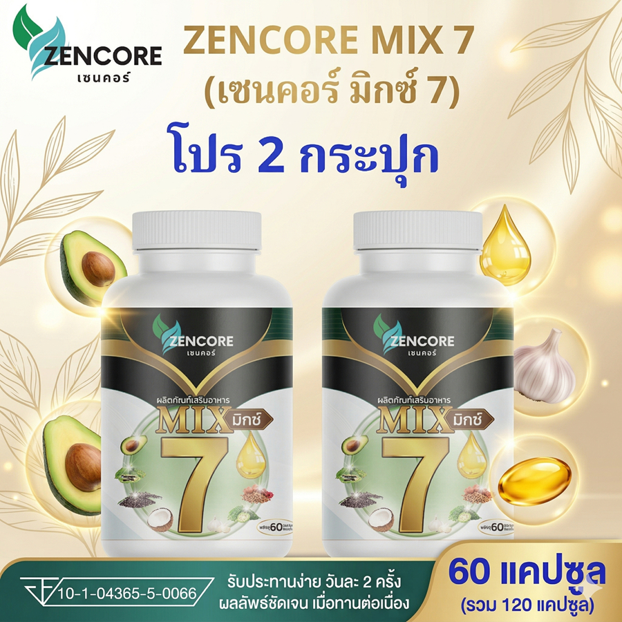 โปร 2 กระปุก Zencore Mix 7 เซนคอร์ มิกซ์ 7 น้ำมันสกัดเย็น 7 ชนิด Mix Oil  1 ขวด 60 แคปซูล น้ำตาล มือ